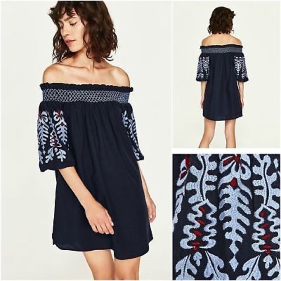 Zara Blumenmuster Embroidered Off Shoulder Tunic Dress Flower Embroidery Size S - Picture 6 of 15